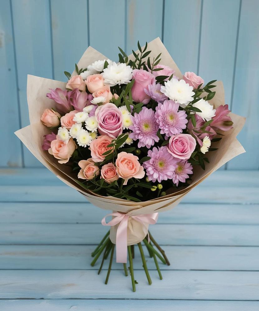 Букет цветов из: Хризантемы, Розы и Альстромерии в Западный