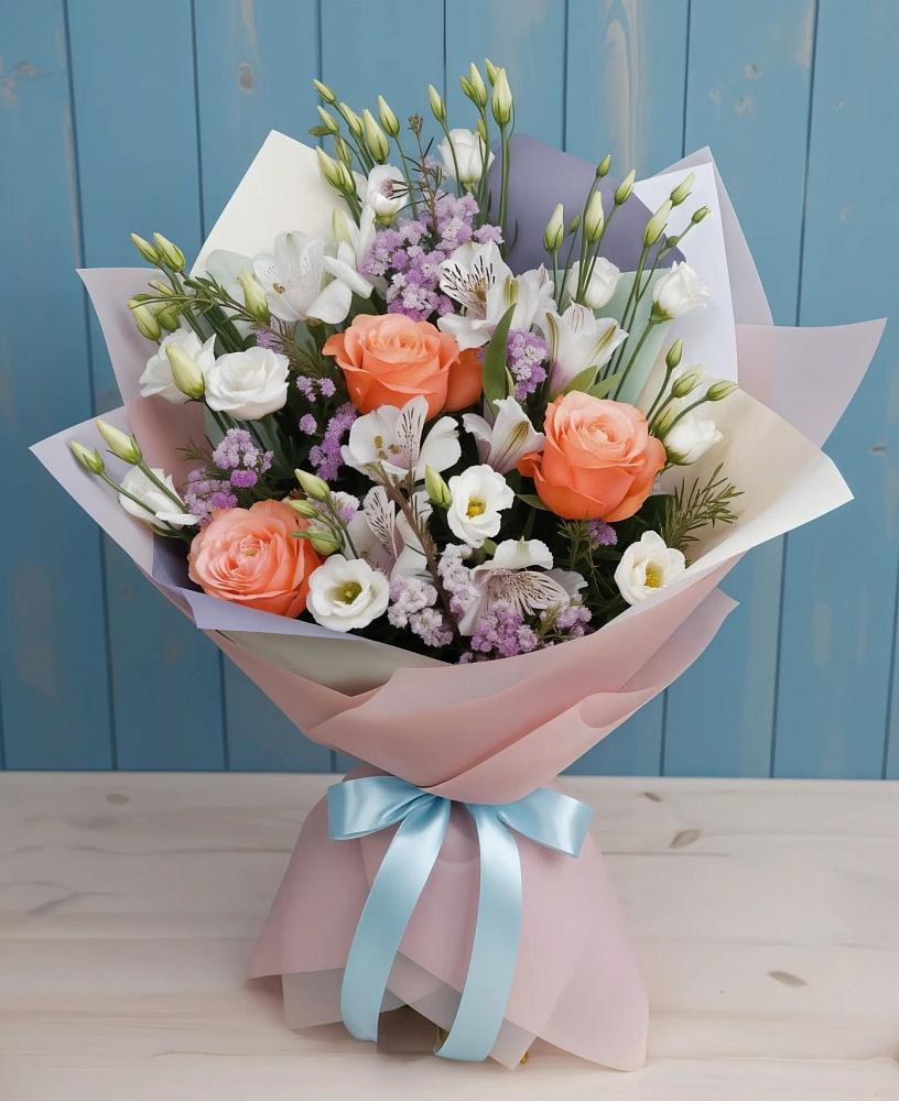 Букет цветов из: Лизиантусы, Розы, Альстромерии и Гипсофила в Западный