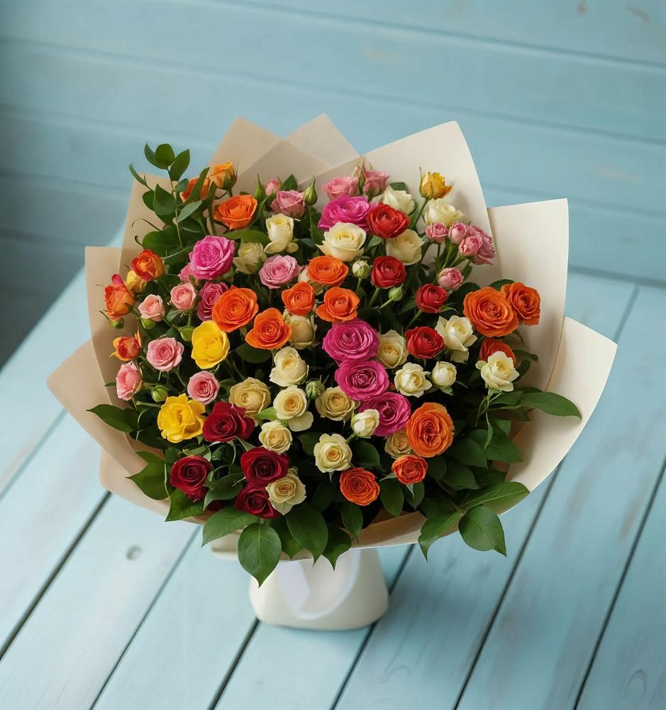 Букет Микс из разноцветных кустовых роз в Западный