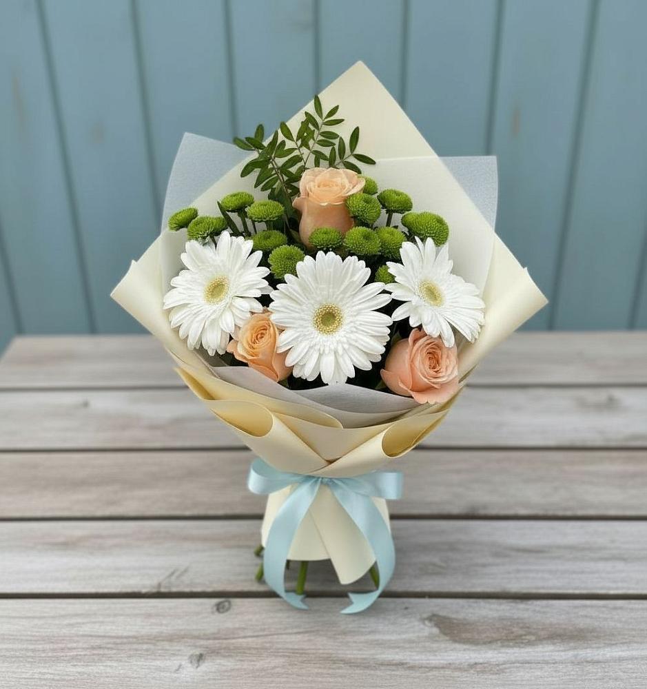 Букет цветов из: Герберы, Розы и Хризантемы в Западный