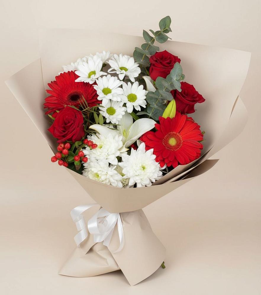 Букет цветов из: Розы, Хризантемы, Герберы и Лилии в Западный